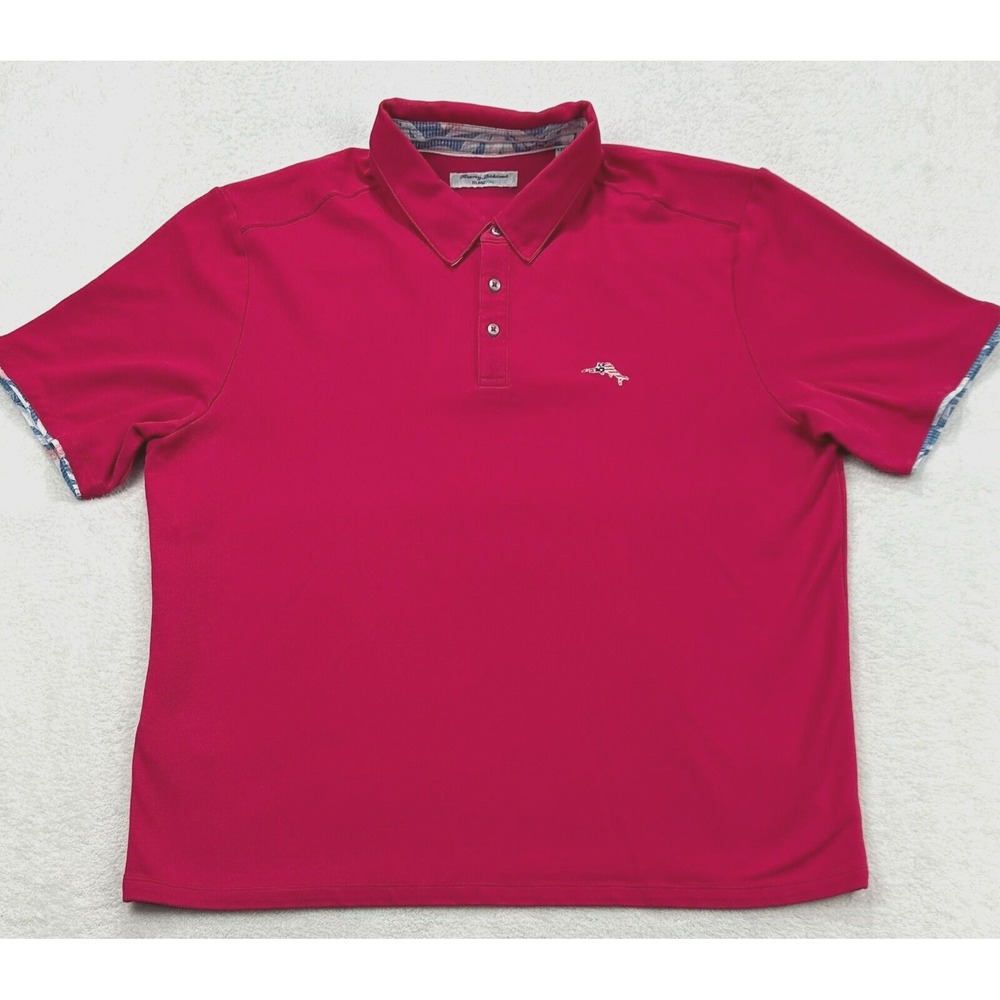 Tommy Bahama Island Zone Polo‎ Mens 2XL PINK  Flag Logo Floral Trim Knit